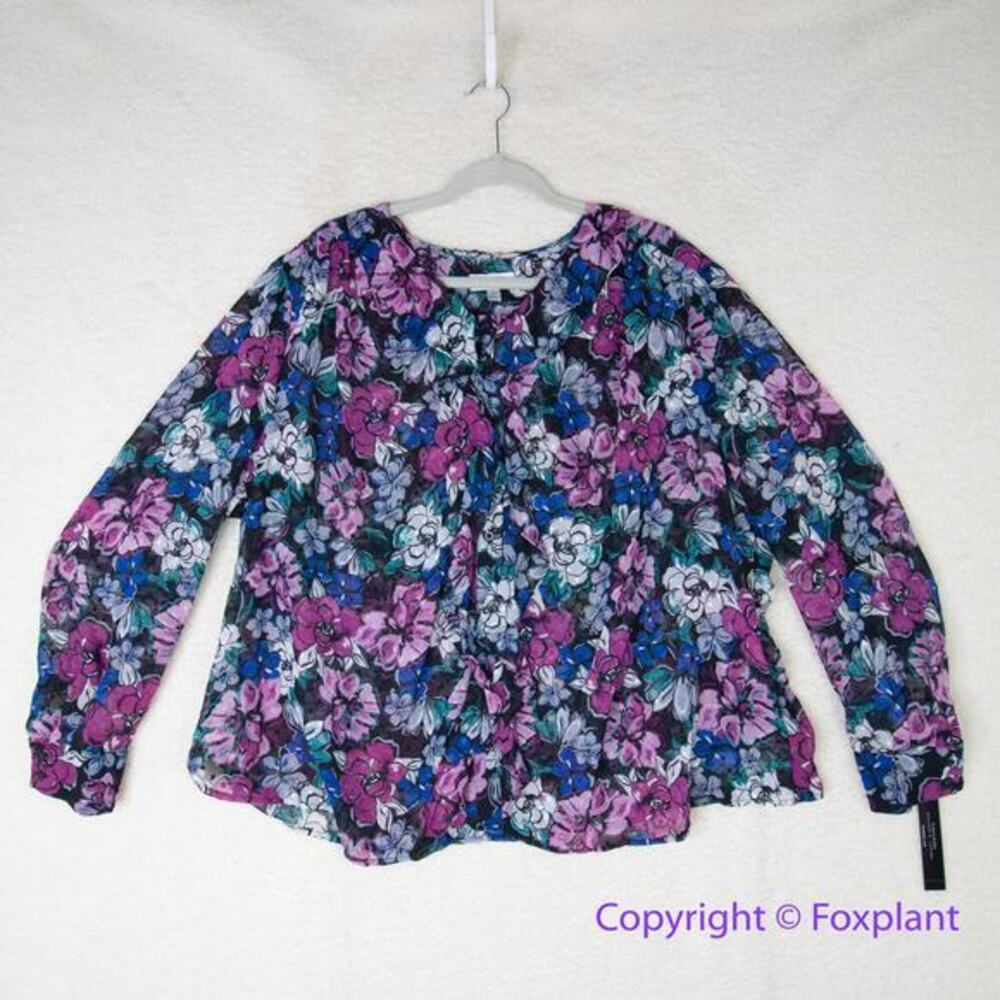 Tahari Arthur S Levine floral print swiss dots long sleeve sheer top, size 3X